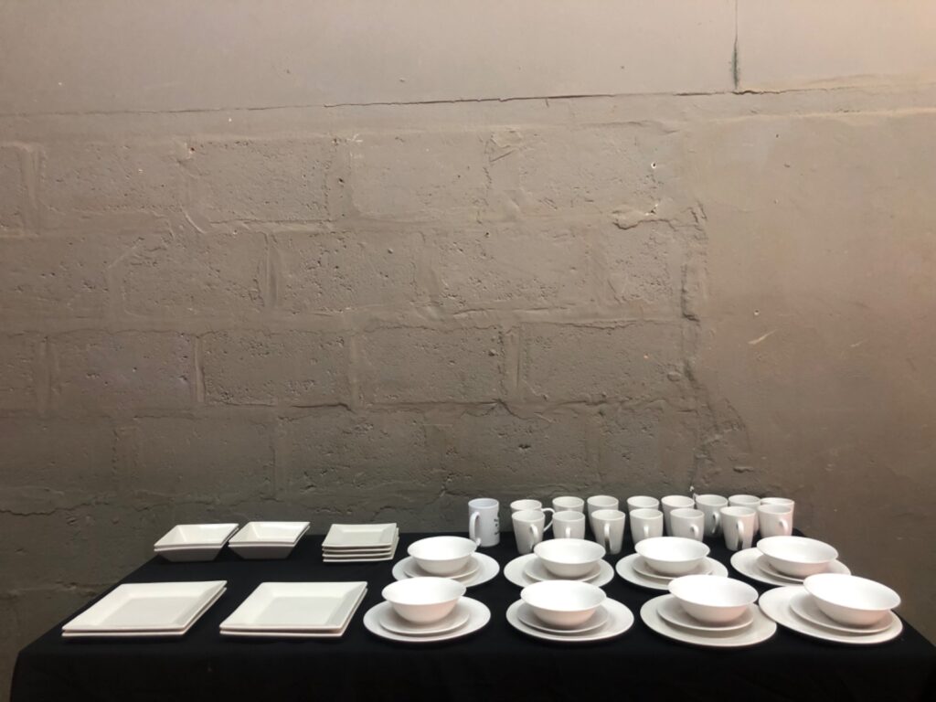 Bulk lot — approx. 52 white Clicks Home ‘new bone china’ plates, bowls & mugs (used)