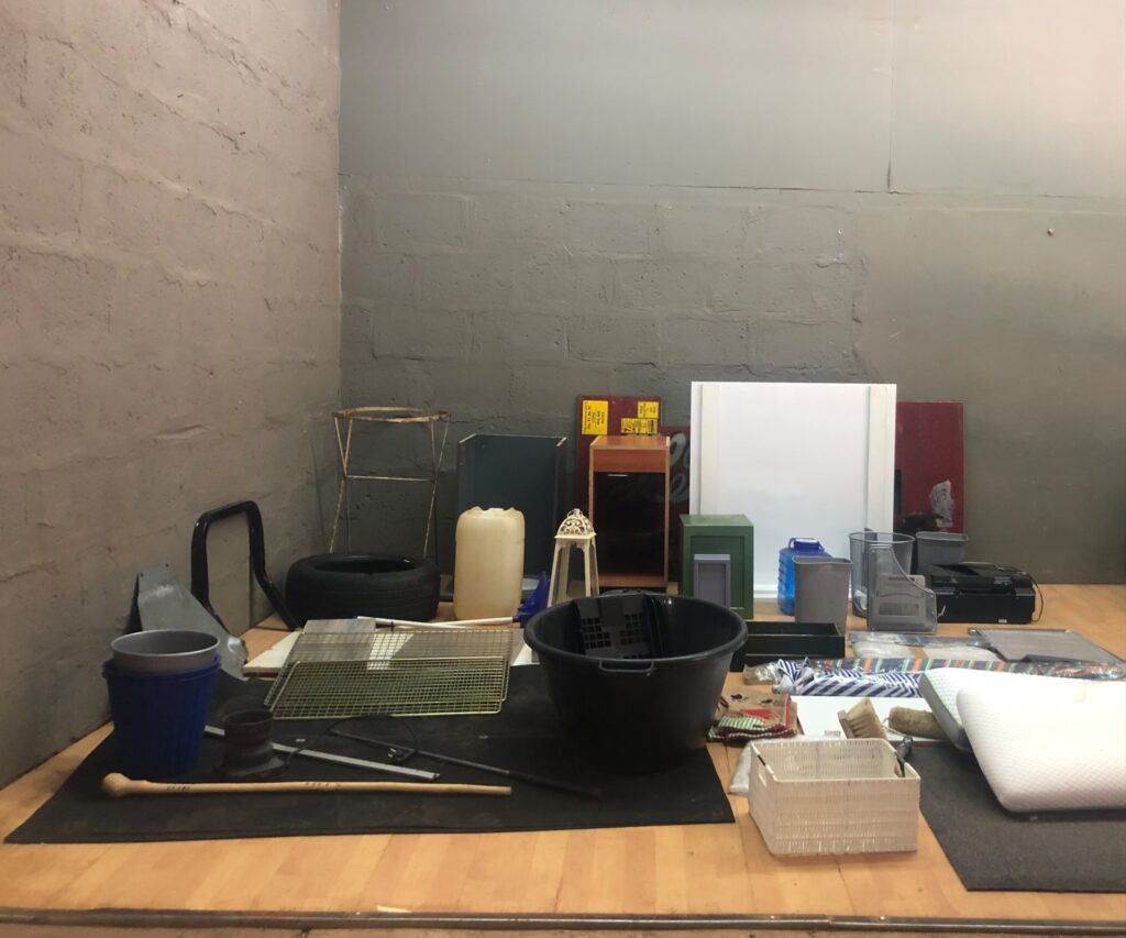Bulk mixed lot of household & office items — printer (cable & cartridges), cushions, tubs, cabinets, organisers, jerrycan (empty) & more