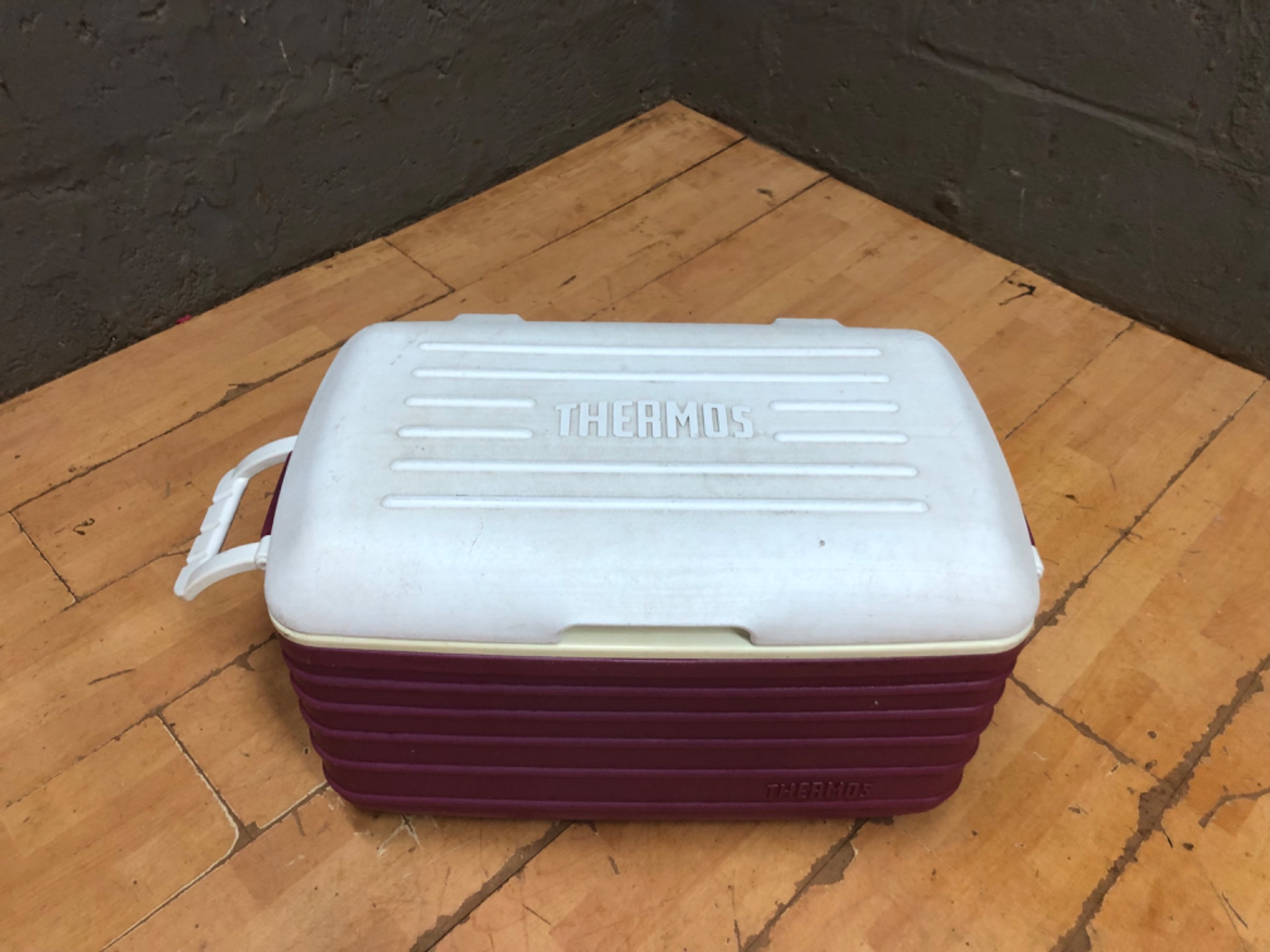 Thermos plastic cooler / ice chest — maroon body, white lid, 59 x 38 x 39 cm (used)