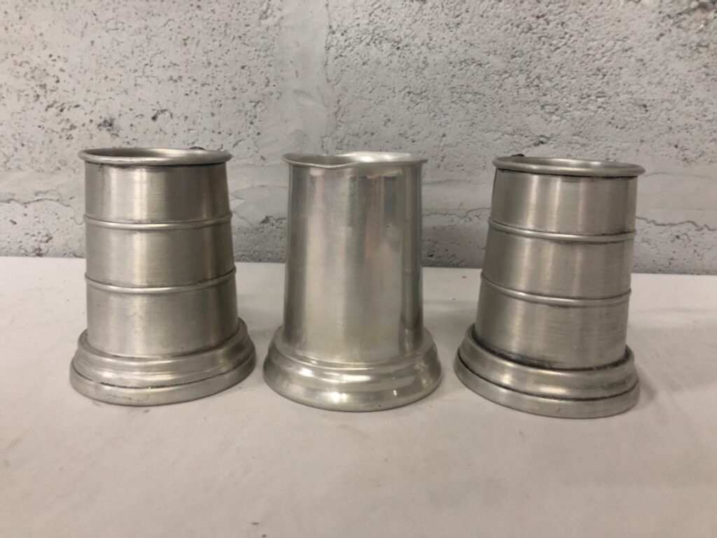 Set of 3 Aluminium Tankards / Measuring Mugs — used, with wear