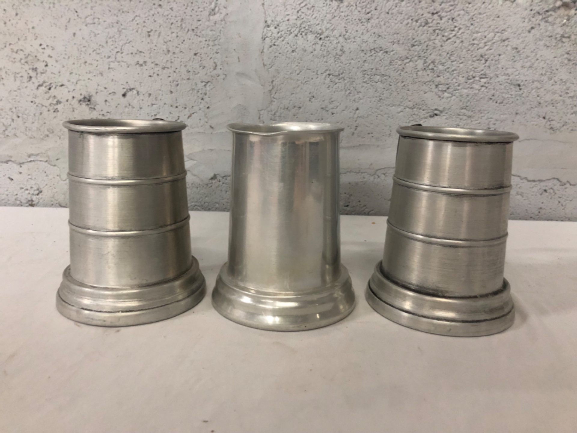 Set of 3 Aluminium Tankards / Measuring Mugs — used, with wear