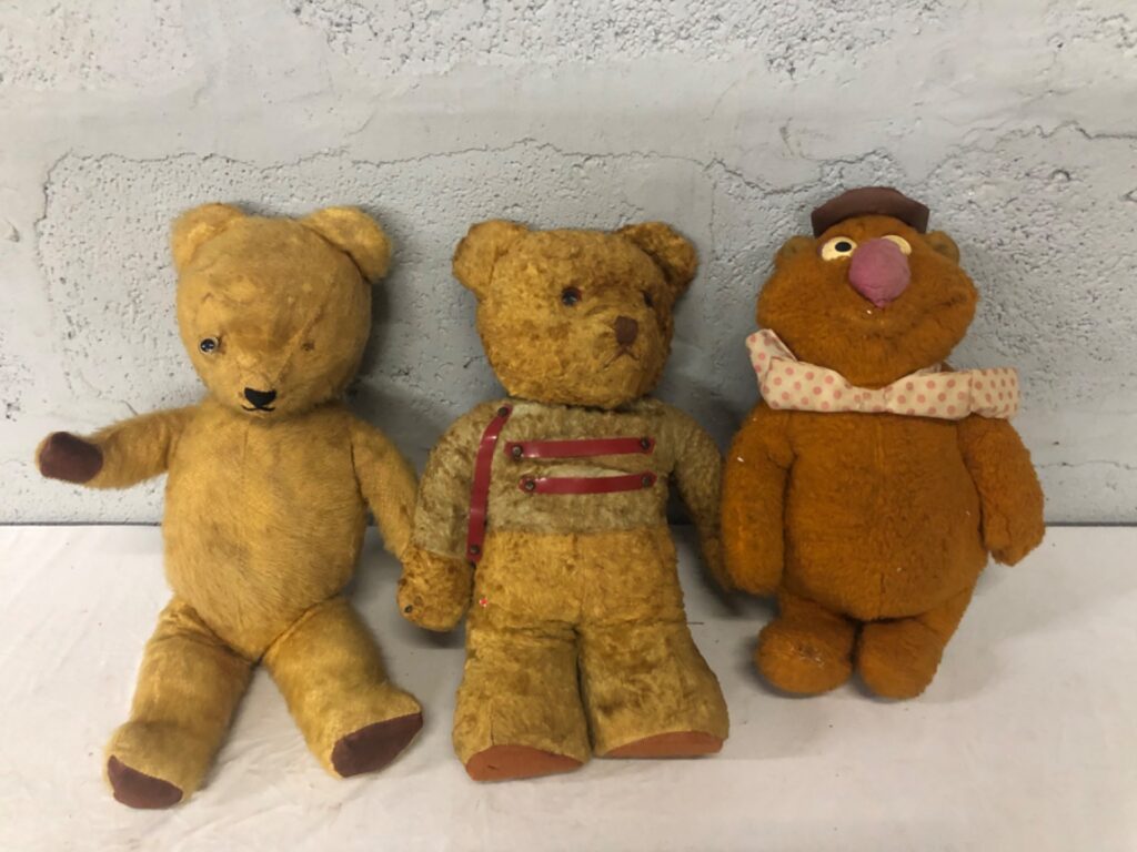 Lot of 3 vintage/well‑used teddy bears — heavy wear, loose eyes, maker tag visible (unreadable)