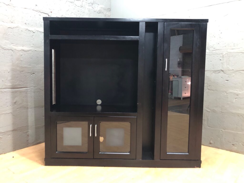 Dark-stained Wooden TV / Entertainment Cabinet with Mirrored Door & Glass Shelves
