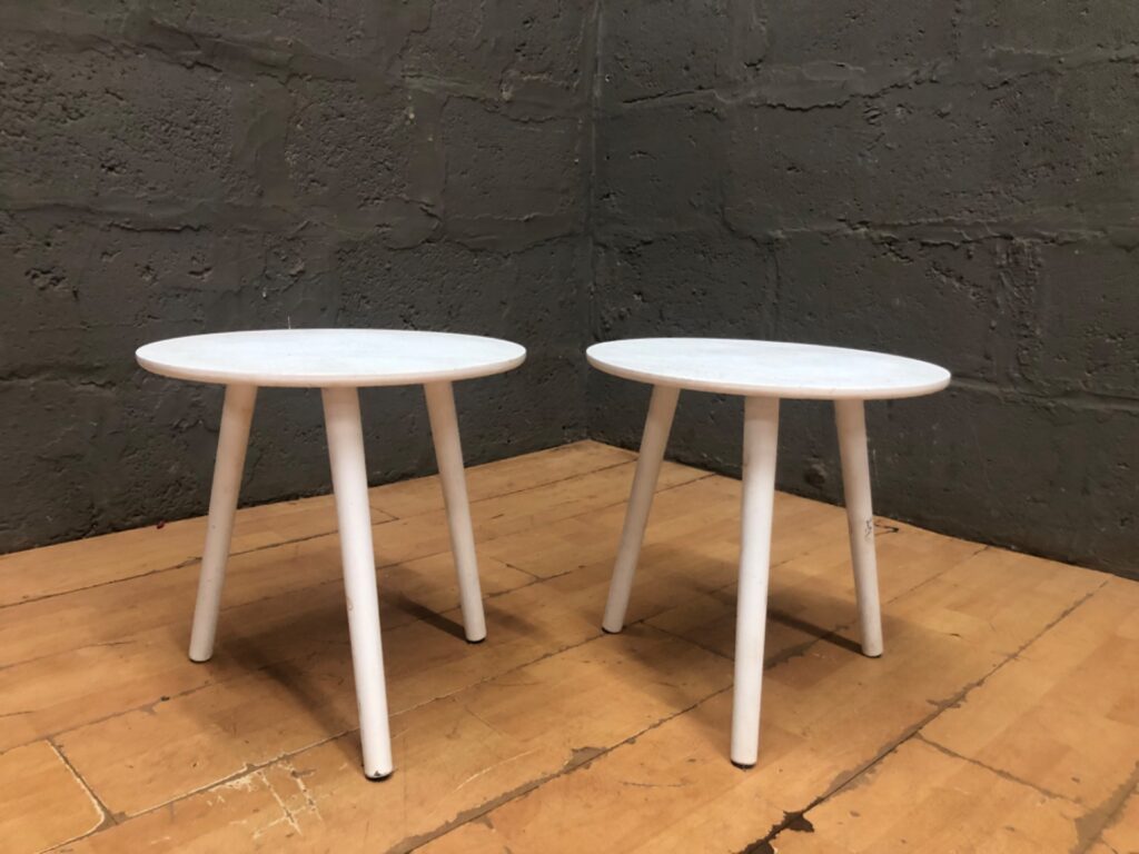 Pair of small white round side tables / stools — 40 x 39 cm (each)