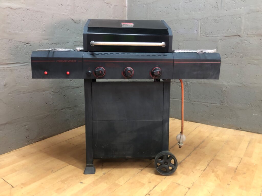 Megamaster 3‑Burner LPG Cart Barbecue (3B Blk inter) — Hose, Regulator & Sealed Accessories