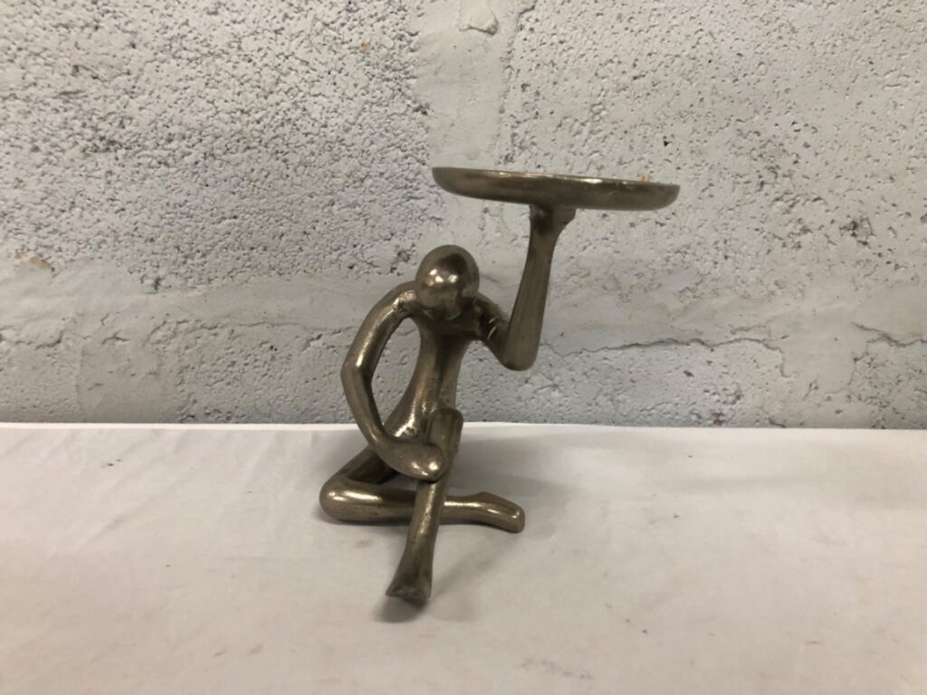 Abstract Kneeling Figure Metal Trinket / Candle Holder — Fixed Tray, 18cm H