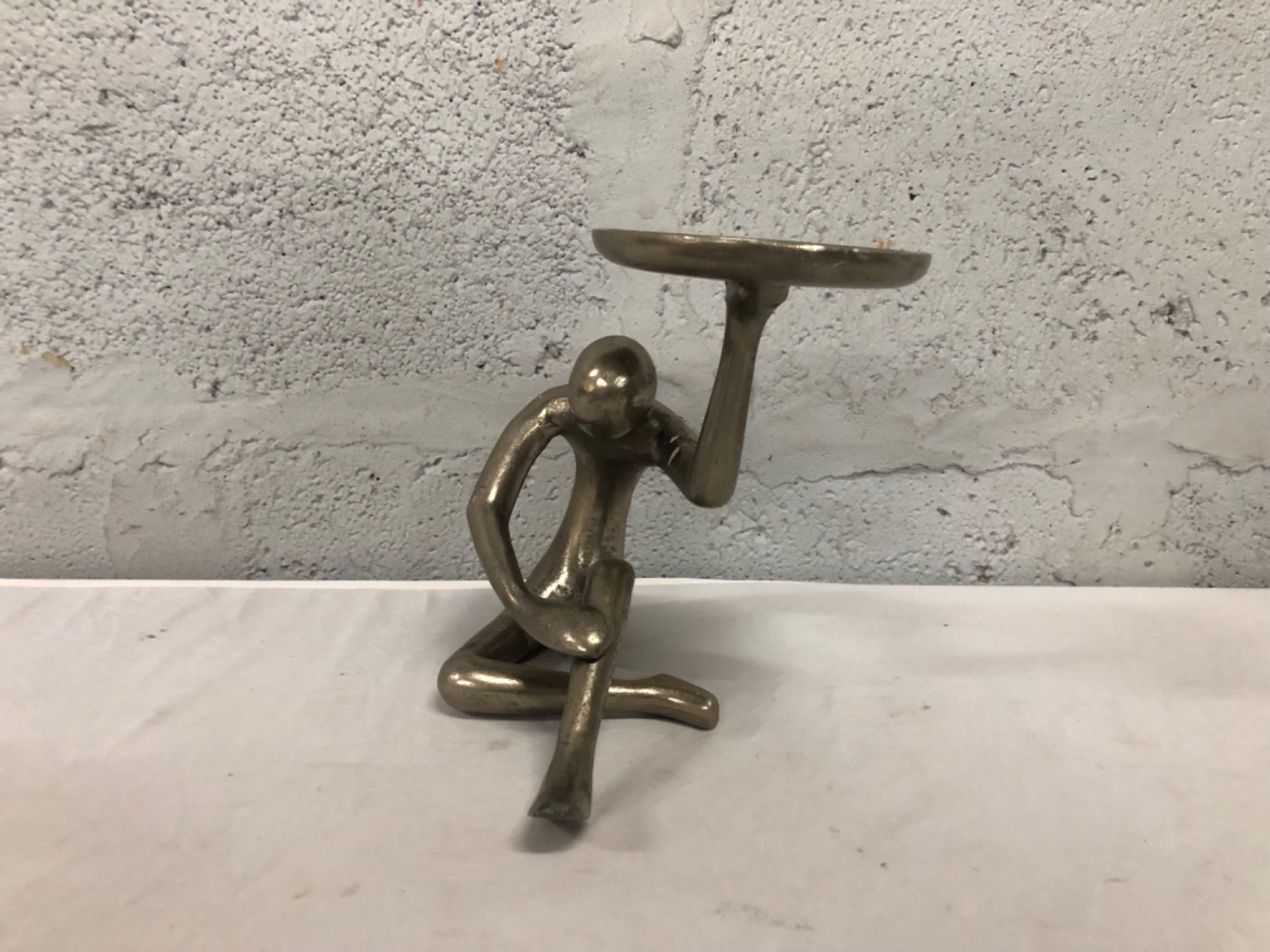 Abstract Kneeling Figure Metal Trinket / Candle Holder — Fixed Tray, 18cm H