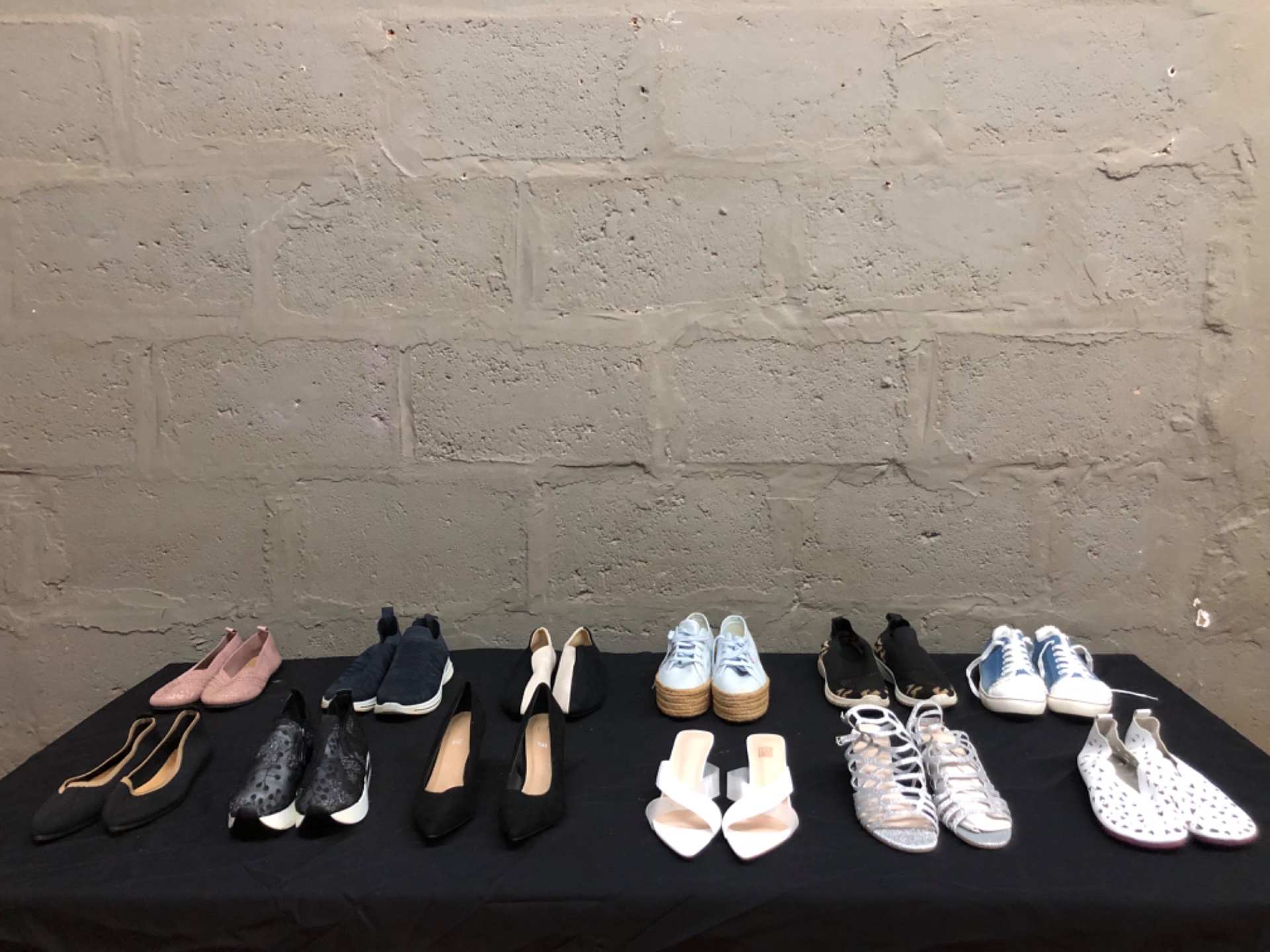 Lot of 12 pairs — Mixed women’s shoes (flats, trainers, sandals) used; one Superga labelled EU38/US6