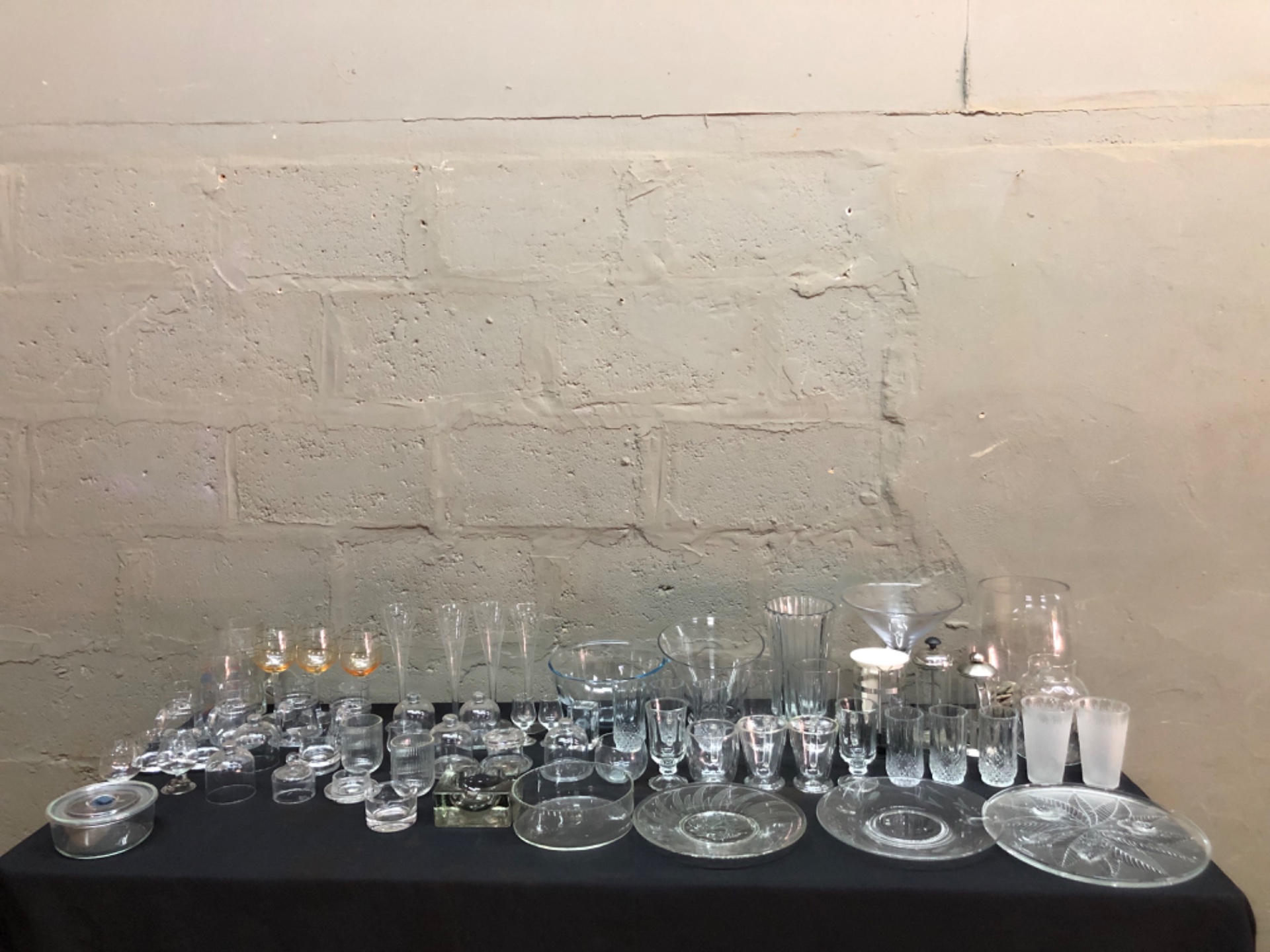 Lot of 73 Assorted Clear Glassware — Stem & Wine Glasses, Snifters on Metal Feet, Vases, Bowls, Plates & More