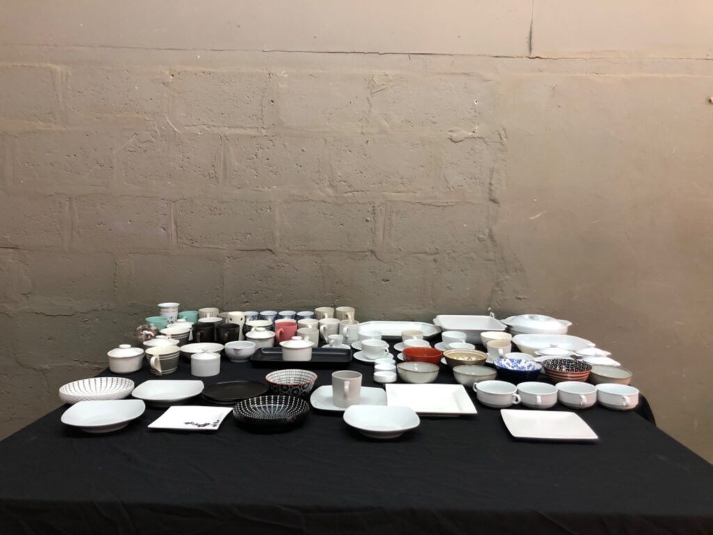Mixed Lot of 85 Ceramic / Porcelain Dinnerware — Cups, Saucers, Bowls, Trays & Lidded Dishes