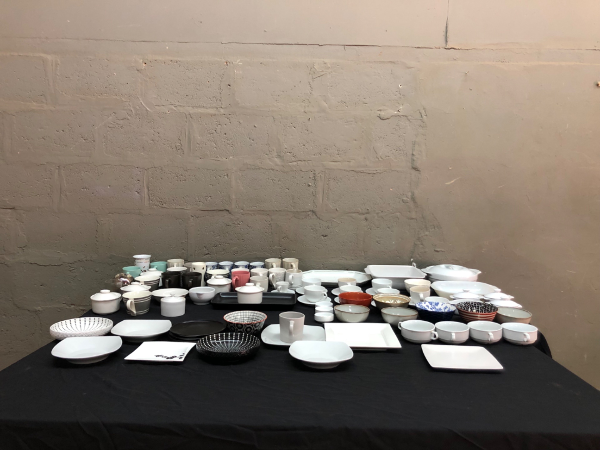 Mixed Lot of 85 Ceramic / Porcelain Dinnerware — Cups, Saucers, Bowls, Trays & Lidded Dishes