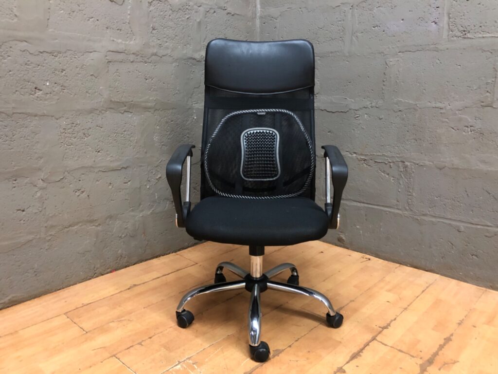 Black Mesh-Back Office Swivel Chair with Headrest & Lumbar Pad — Adjustable, Chrome Base (Used)