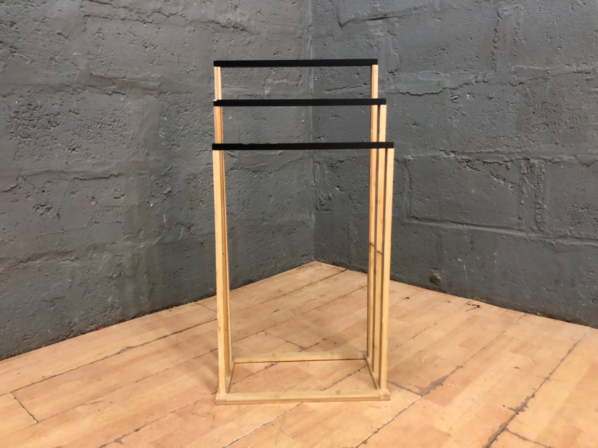 3-tier Wooden Display Stand / Ladder Rack — Natural Frame with Black Rails, Used