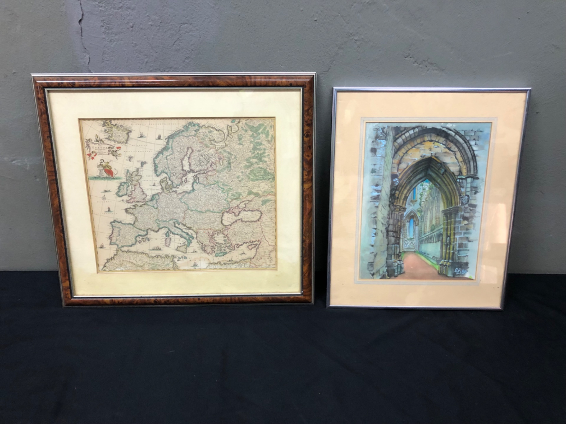 Pair of Framed Pictures — Europe Map Print (framed) & Signed Cathedral Watercolour (signed ‘EB86’)