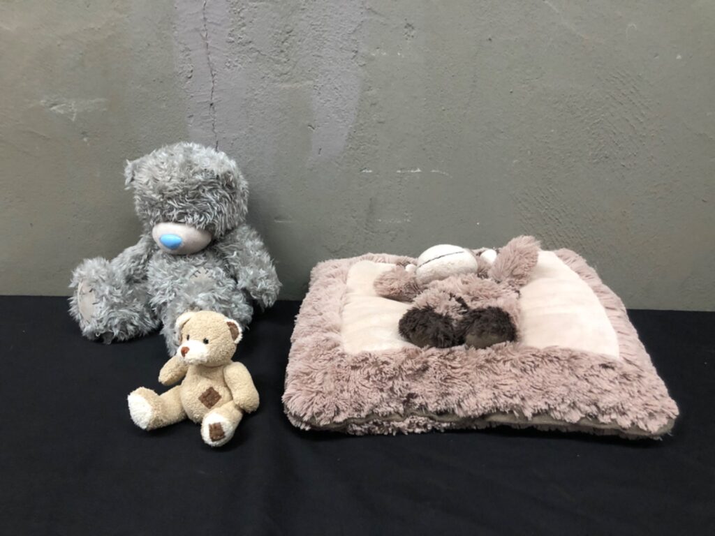 Lot: 3 Plush Toys – Grey ‘Me To You’ Teddy, Small Patched Bear & Pink Faux‑Fur Comfort Blanket with Monkey