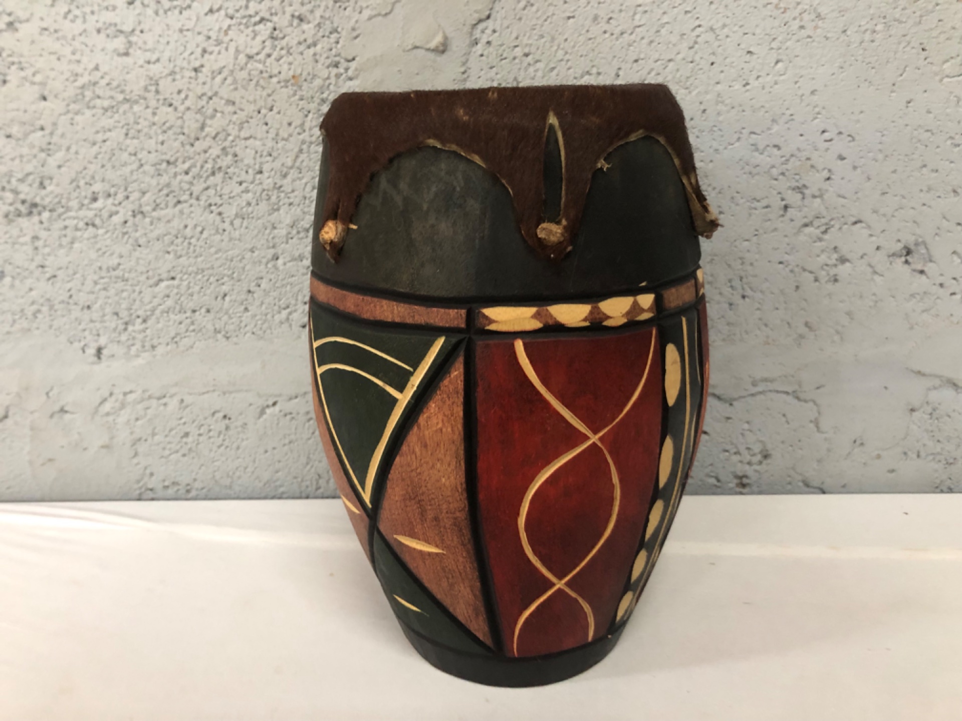 Hand-carved Decorative Wooden Drum with Hair-on Hide Head — Painted Panels, Wear to Head