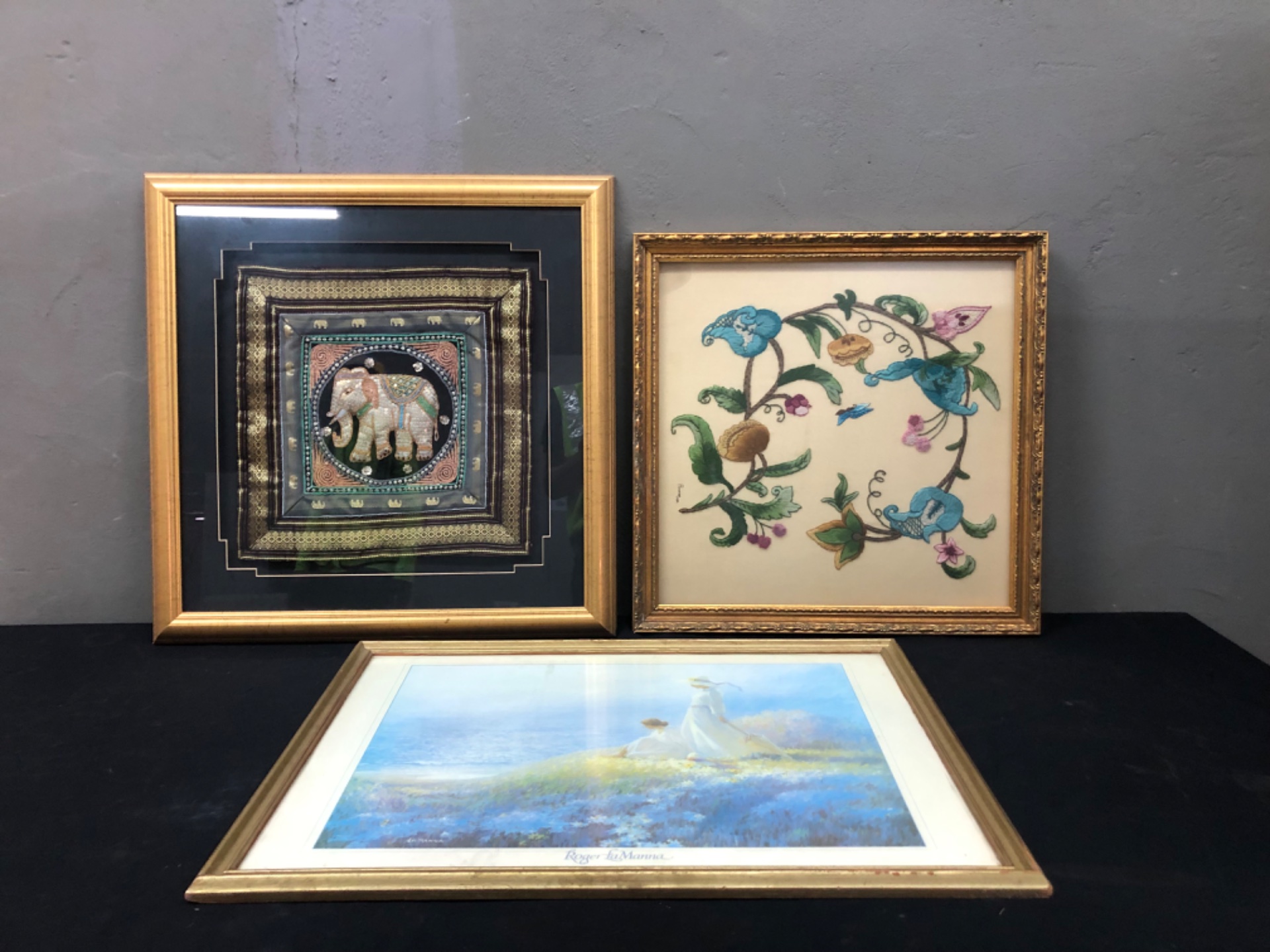 Lot of 3 Framed Wall Hangings — Embroidered Elephant, Floral Textile & Roger LaManna Numbered Print