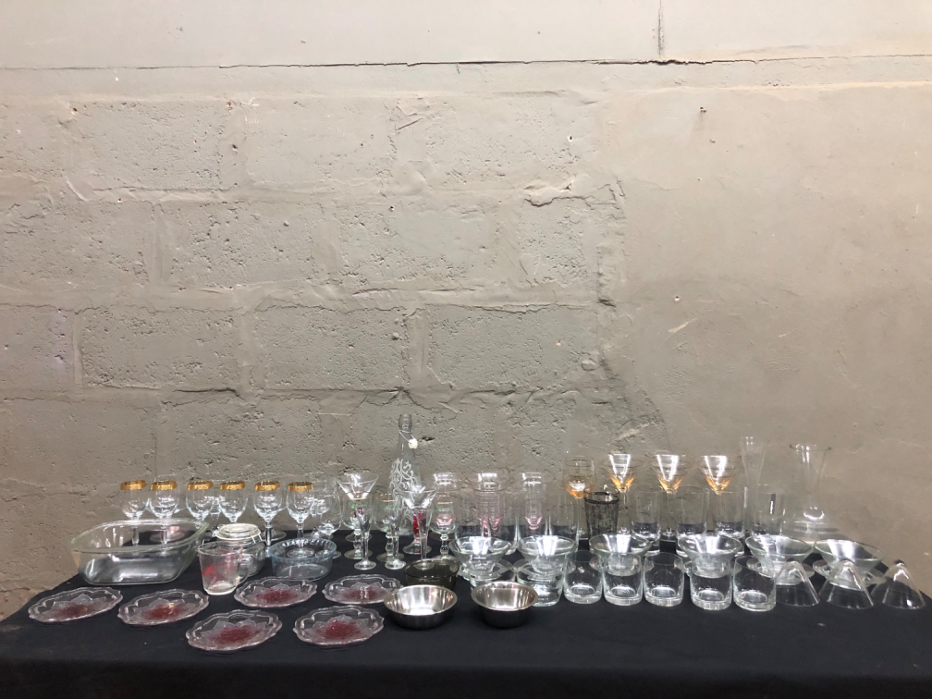 Lot of 75 Mixed Glassware — Wine & Stemware, Tumblers, Pink Flower Plates, Etched Decanter with Stopper