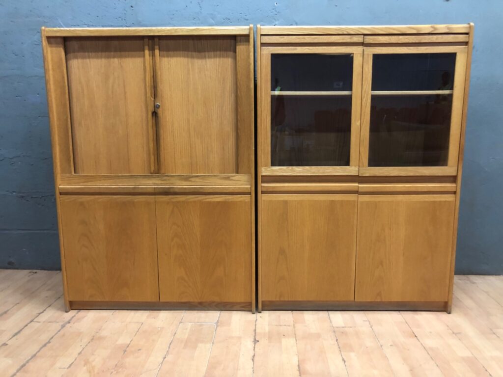 Pair of oak storage & display cabinets – glass doors, internal shelves, locks & keyed
