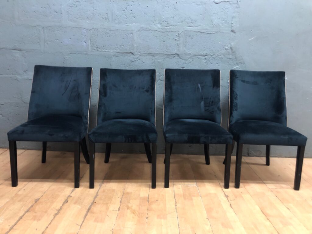 Set of 4 teal/blue velvet dining chairs with patterned backs & tan piping – used, one frayed piping