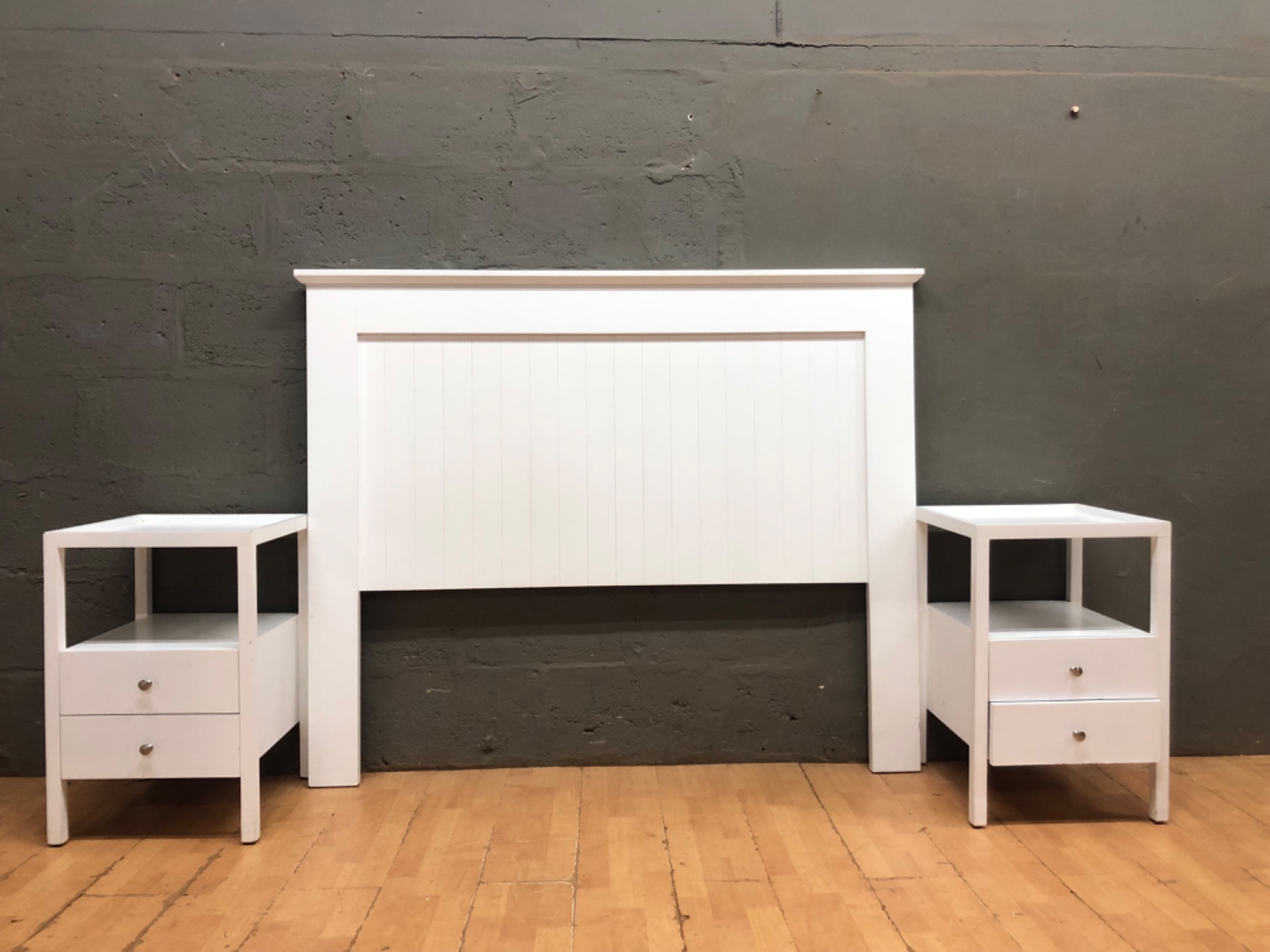 White headboard + 2 matching bedside tables — painted timber/plywood set, drawers smooth, surface wear