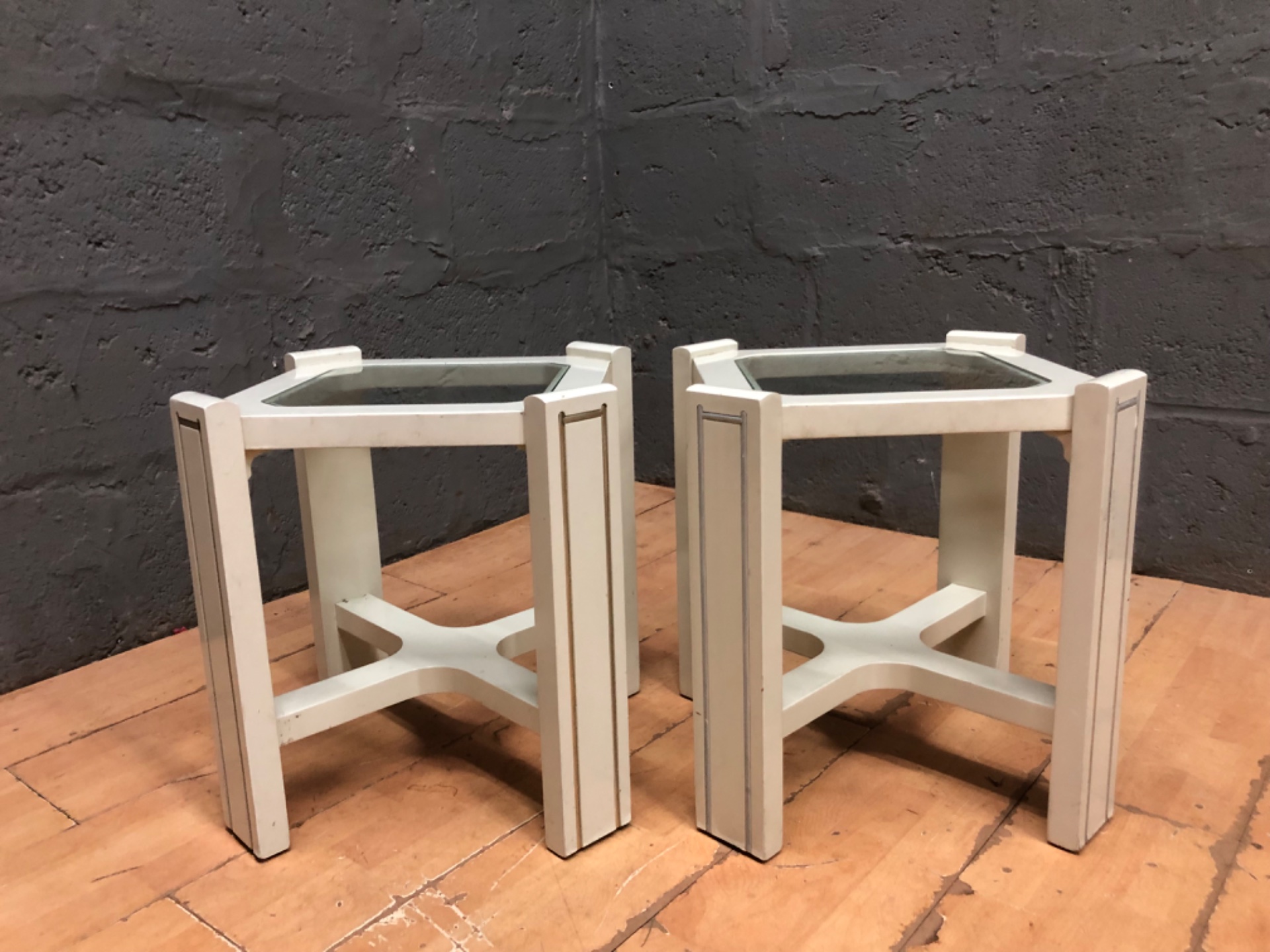 Pair of octagonal glass-inset side / end tables — painted frames, 46 x 43 x 43 cm (each)