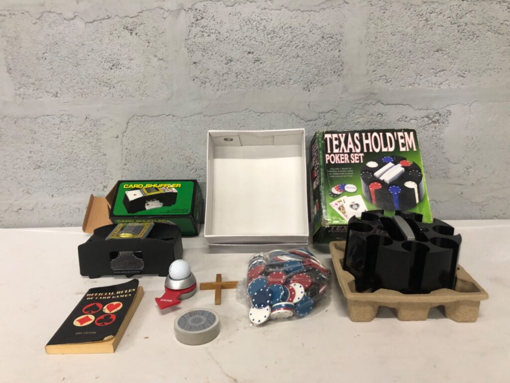 Assorted Texas Hold’em Poker Set with Tested Electric Card Shuffler, Chips & Accessories