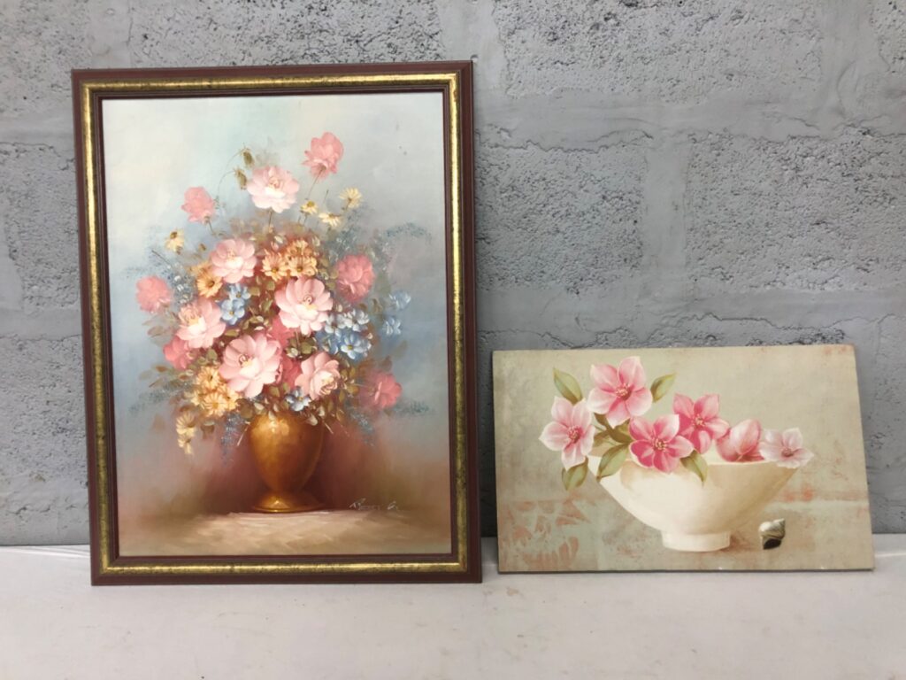 Pair of Floral Wall Art — Large Framed Signed Canvas (53 x 69 cm) + Smaller Unframed Floral Panel (50 x 30 cm)