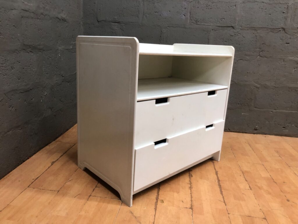 Small white storage chest / bedside cabinet — open shelf + 2 drawers (used, scuffed)