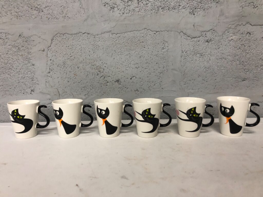 Lot of 6 White Ceramic Mugs with Black Cat Design – Microwave & Dishwasher Safe