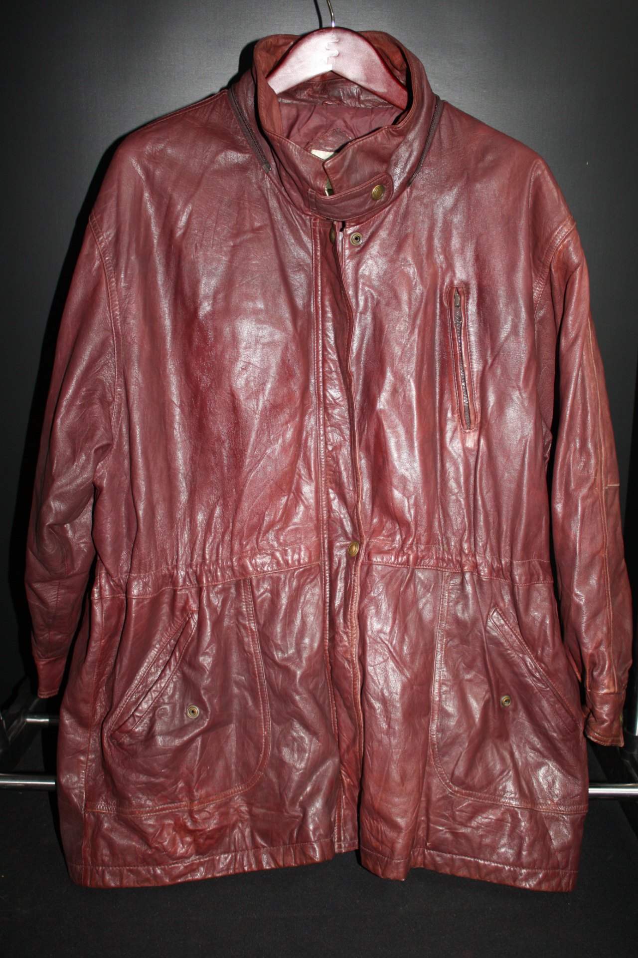 Burgundy Leather Long Jacket / Parka — Pre-owned, Lined, Visible Wear (label torn)