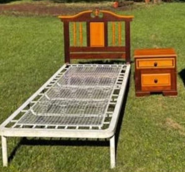 Mixed bedroom set — decorative headboard with mirror, two-drawer bedside chest, chair frame (seat missing) and metal wire bed base