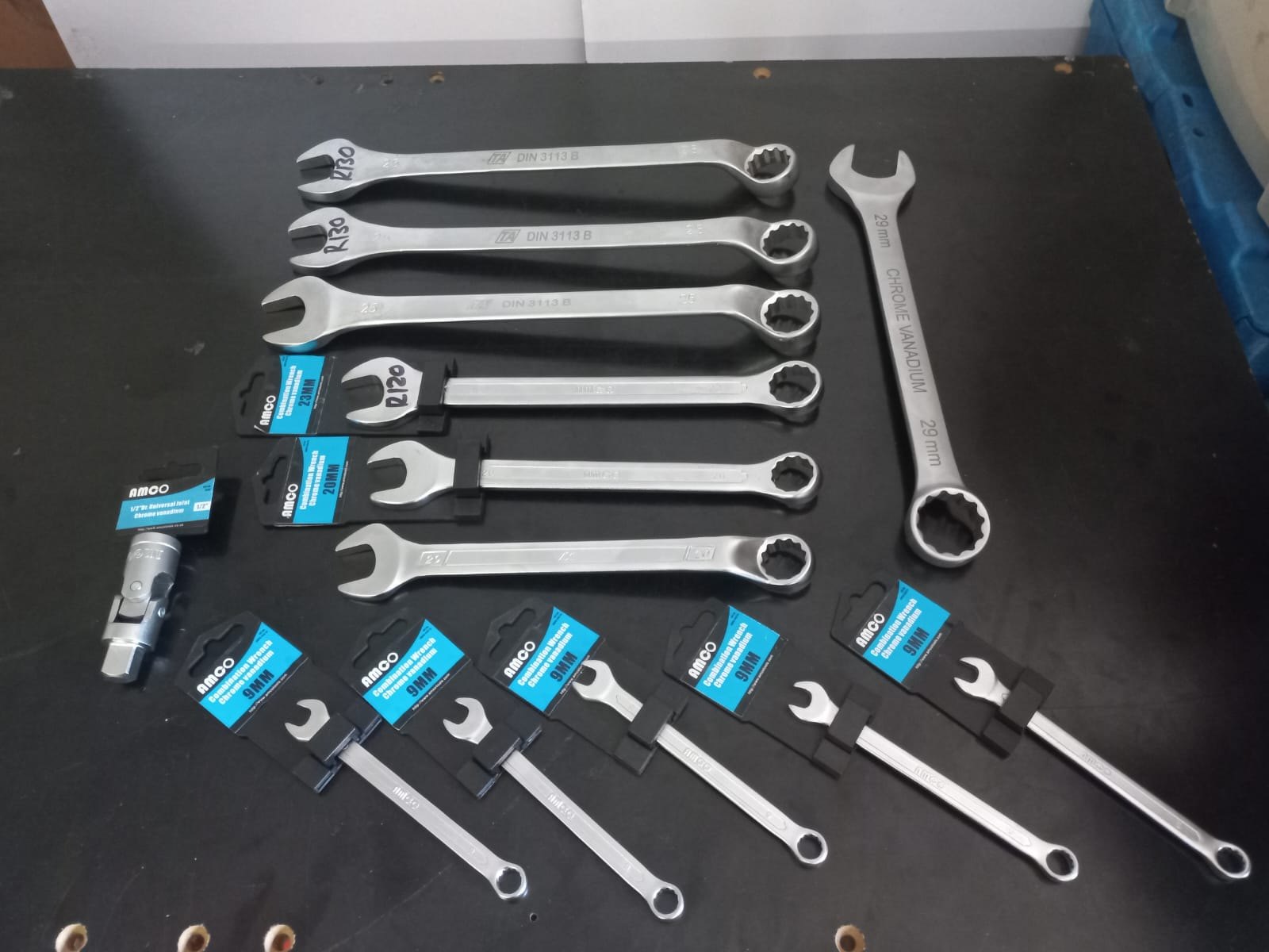 Lot of 13 Metric Combination Spanners & 1/2″ Universal Joint — AMCO-marked pieces, like-new