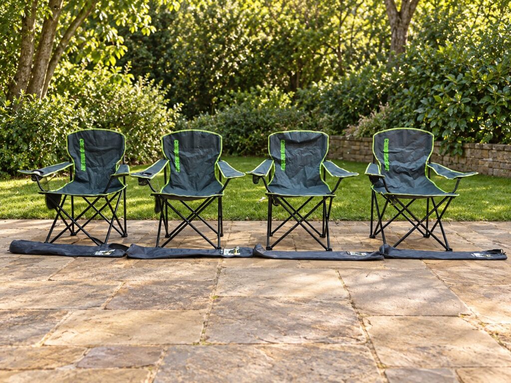 Lot of 4 Camp Master folding camping chairs — cup-holders & carry bags, good used condition
