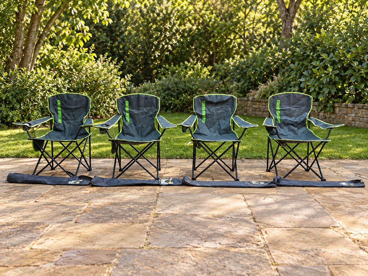 Lot of 4 Camp Master folding camping chairs — cup-holders & carry bags, good used condition