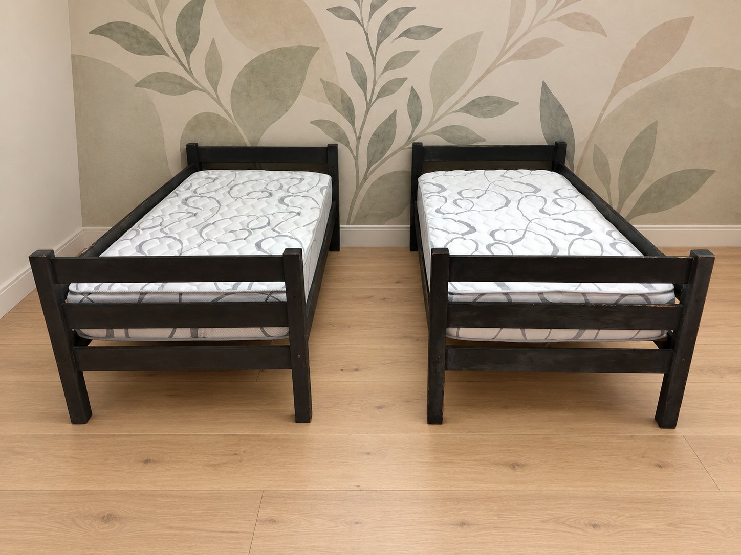 Pair of Single Wooden Bed Frames with Slatted Bases + 2 Mattresses (L197 x W95 x H73cm)