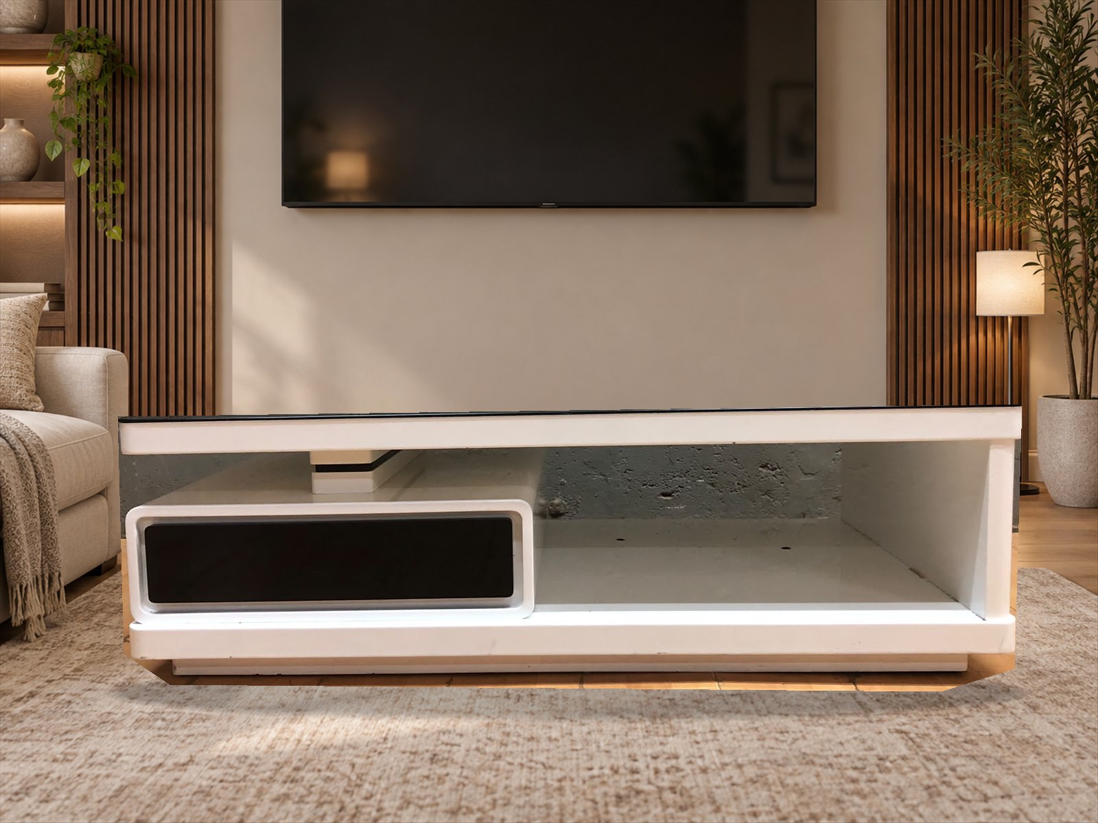 Large white low TV / entertainment unit with black tempered glass top and drawer (233 × 82 × 70 cm)