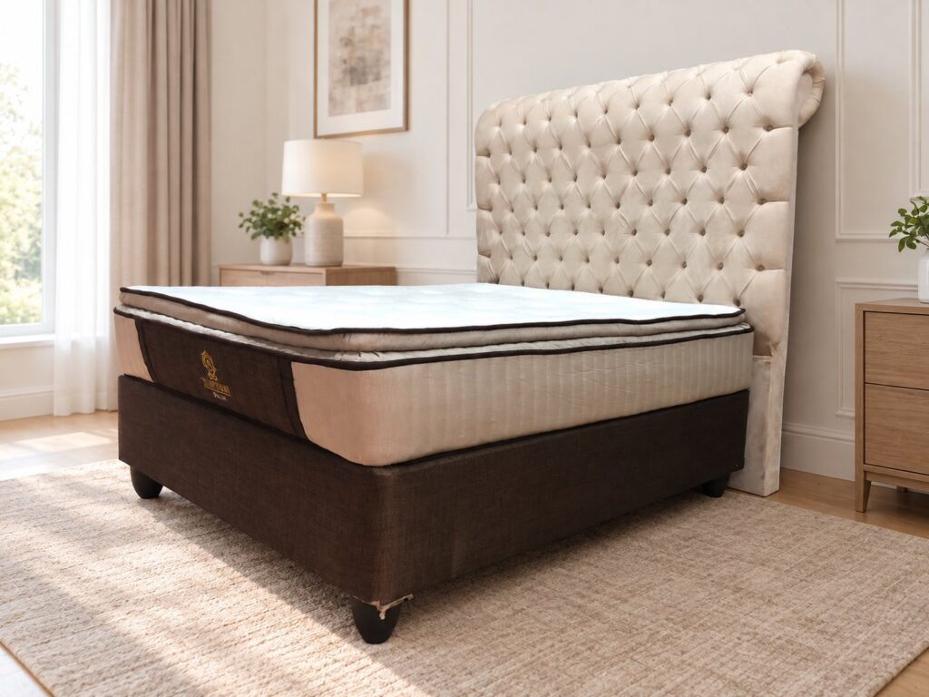Signorini Milan mattress + divan base & tufted headboard set — used, stained,  L147 x W187 x H76cm