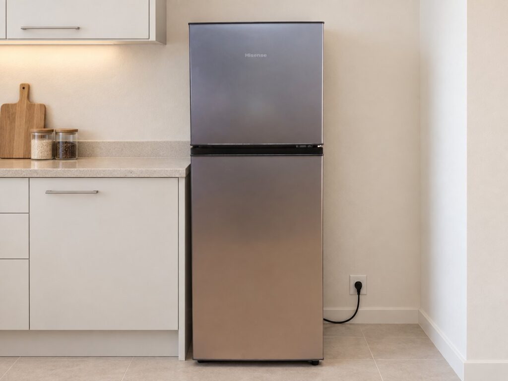 Hisense H225TTS top‑freezer refrigerator — labelled 154L, stainless finish, shelves & bins present, working