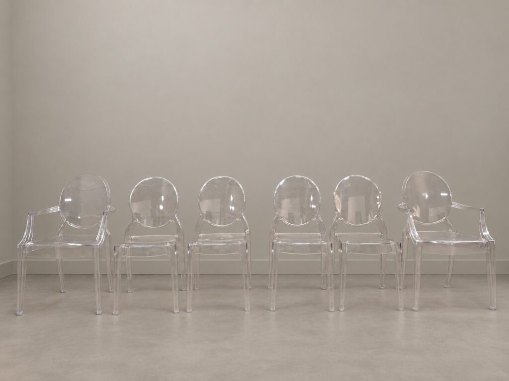 Lot of 6 Clear Acrylic ‘Ghost’ Dining Chairs — 2 Armchairs + 4 Armless (Used)