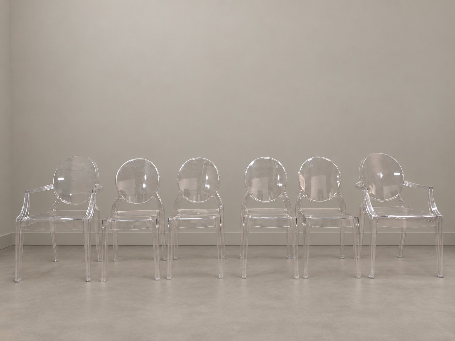 Lot of 6 Clear Acrylic ‘Ghost’ Dining Chairs — 2 Armchairs + 4 Armless (Used)