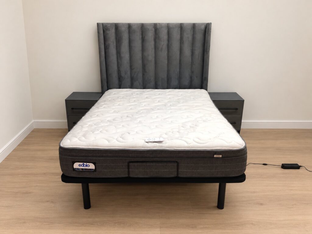 Queen Motorised Adjustable Bed Set — edblo Mattress, Motorised Base, Power Adapter & Slumberland Remote + 2-Drawer Bedside Pair