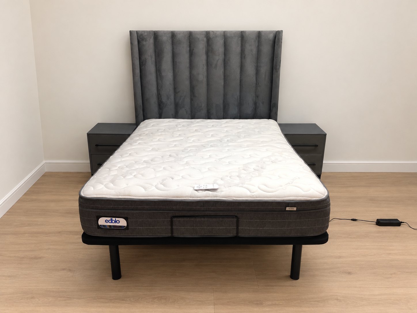 Queen Motorised Adjustable Bed Set — edblo Mattress, Motorised Base, Power Adapter & Slumberland Remote + 2-Drawer Bedside Pair