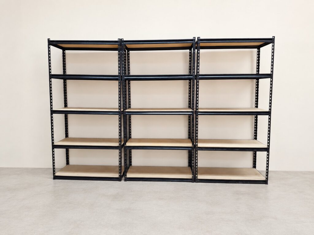4‑bay Black Metal Shelving Unit with MDF Shelves — Assembled, 92 x 46 x 181cm (H x W x D)