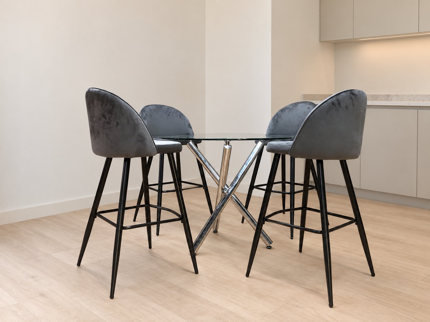 Round Glass Dining Table (Ø90cm) with Chrome X‑Base + 4 Grey Upholstered Bar Stools