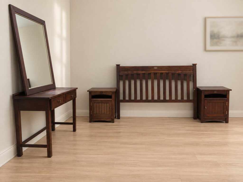 Queen bedroom set — slatted headboard with Plantation 1900 plaque, 2 bedside cabinets, dressing table & large mirror