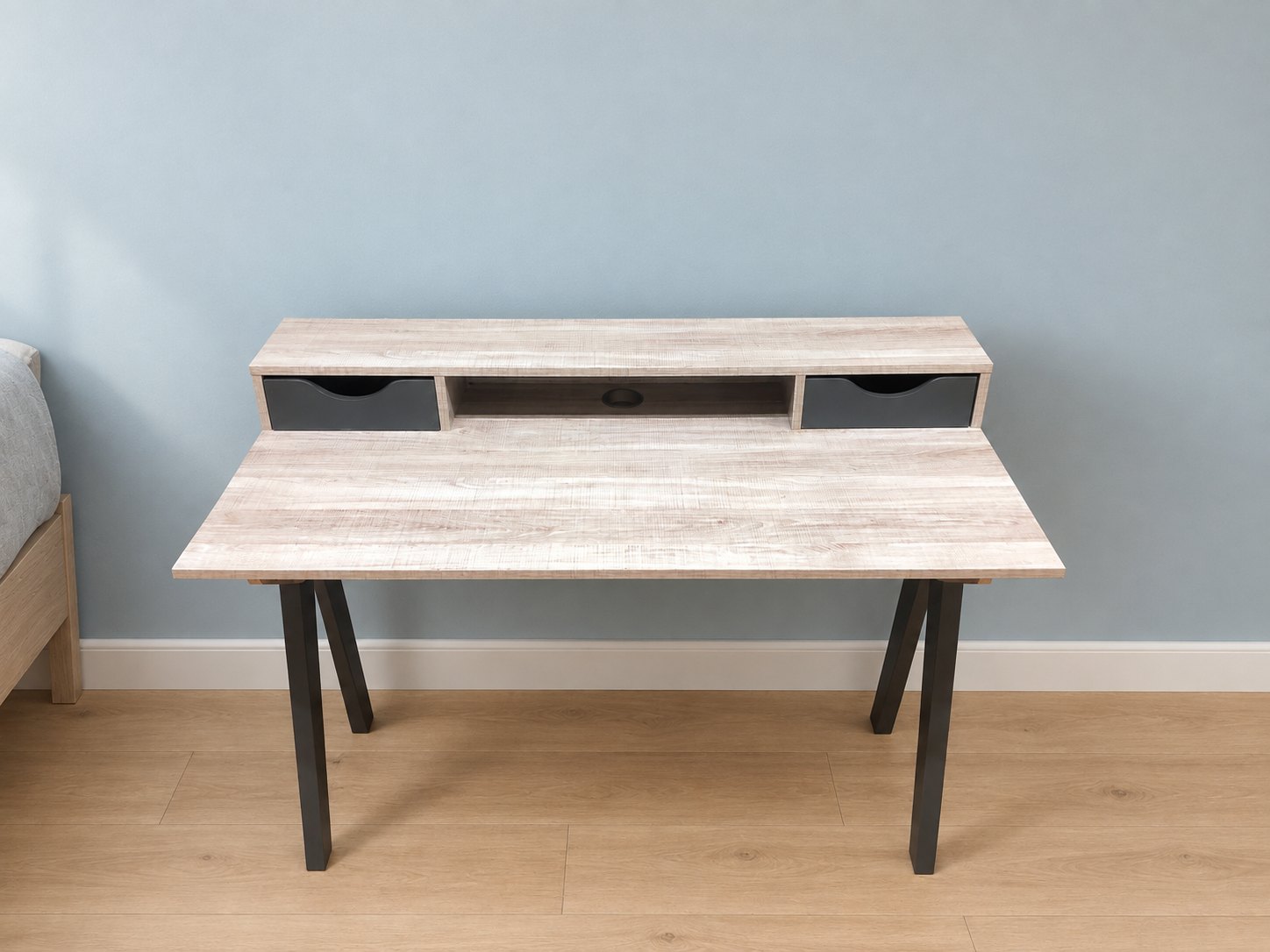 Modern wood-effect desk with raised shelf, 2 drawers and cable grommet (plywood)