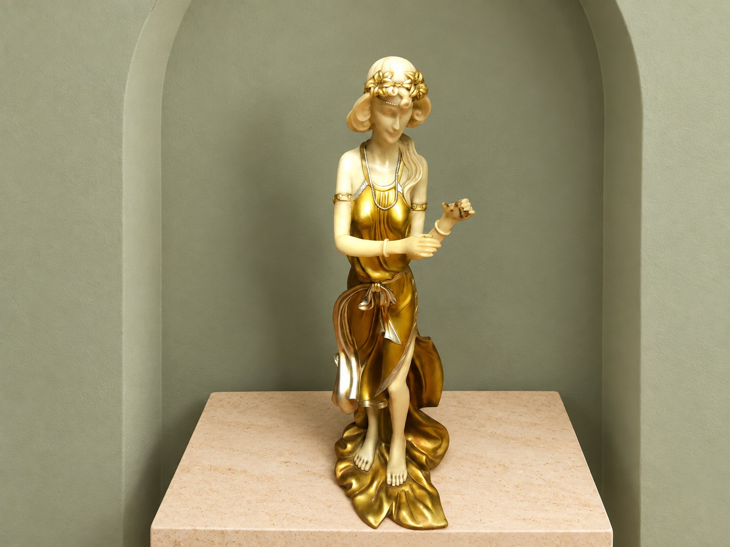 Large Art Nouveau‑style standing female figurine — gilt & ivory finish, resin composite (H 86cm)