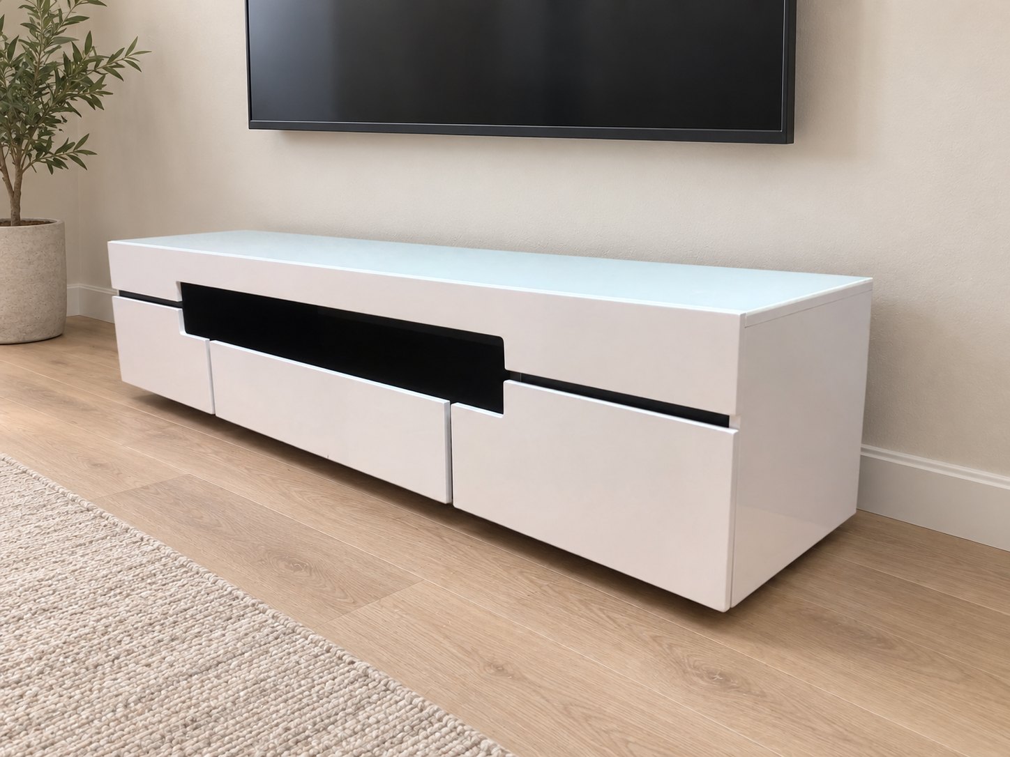 White High-Gloss Low TV / Media Unit — 3 Drawers, Central Shelf, Cable Hole (200 x 45 x 48 cm)