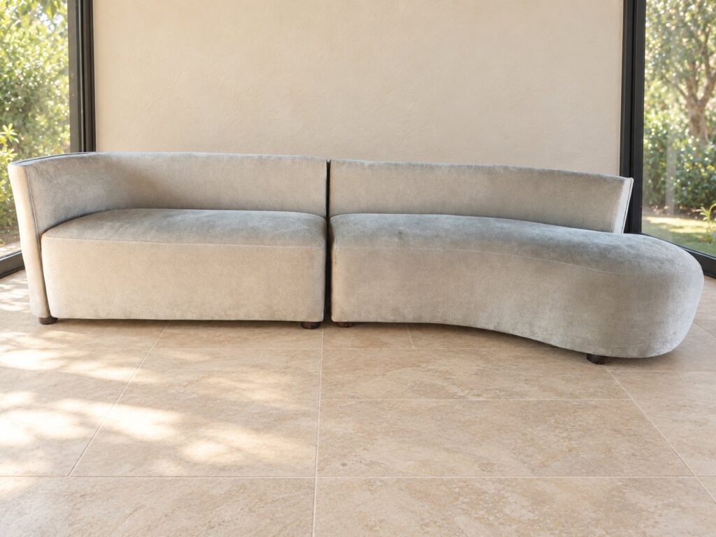 Two-piece Curved Sectional Sofa — Pale grey upholstery, 294 x 80 x 73 cm
